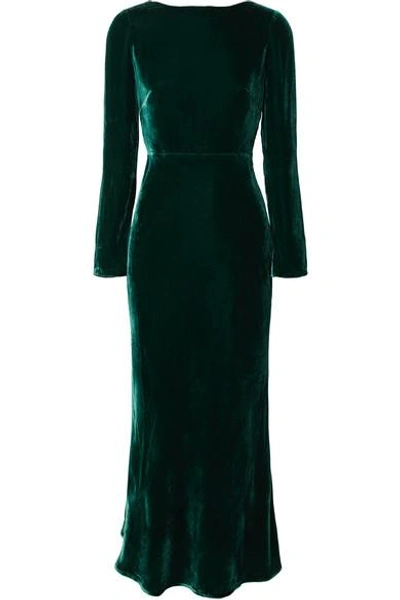 Saloni Tina Open-back Velvet Midi Dress In Dark Green ModeSens