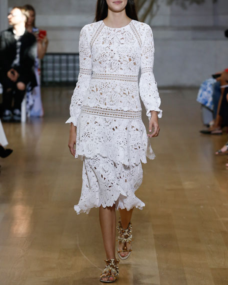 Oscar De La Renta Lace Long-sleeve Tiered-skirt Dress, White | ModeSens