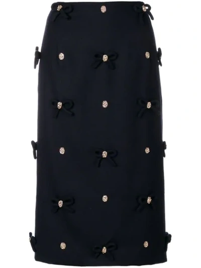 Thom Browne Crystal Bow Applique Sheath Skirt In Flannel In Blue