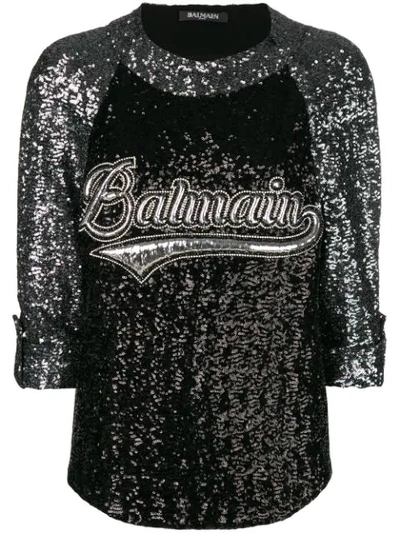 Balmain Branded Sequin Top - Black