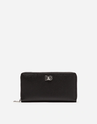 Dolce & Gabbana Zip-around Wallet In Two-tone Dauphine Calfskin In Black