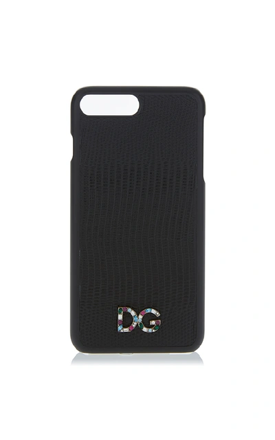 Dolce & Gabbana Iphone 7 Cover With Dauphine Calfskin Detail And Dg Crystal Logo In Black