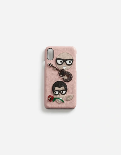 Dolce & Gabbana Iphone X Cover In Dauphine Calfskin With Designers' Patches In Pink
