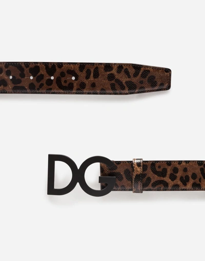 Dolce & Gabbana Leopard Print Calfskin Belt With Buckle Featuring Logo