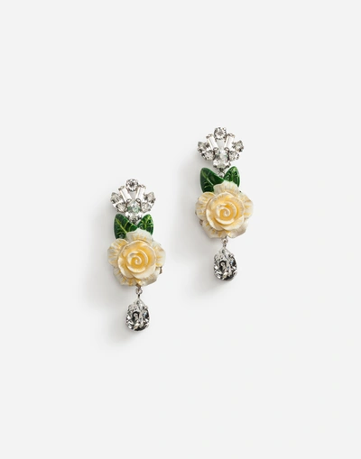 Dolce & Gabbana Drop Earrings With Roses In Silver