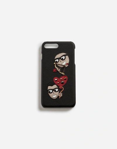 Dolce & Gabbana Iphone 7/8 Plus Cover In Dauphine Calfskin With Patches Of The Designers In Black