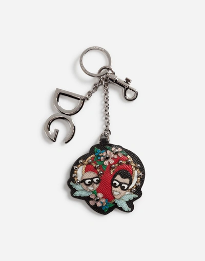 Dolce & Gabbana Keychain In Metal And Calfskin With Logo Embroidery In Black