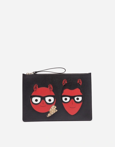 Dolce & Gabbana Leather Pouch With Patches Of The Designers In Black