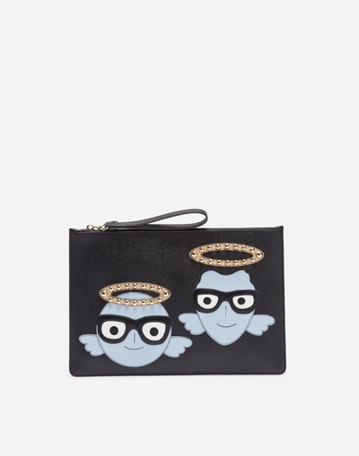 Dolce & Gabbana Leather Pouch With Patches Of The Designers In Black