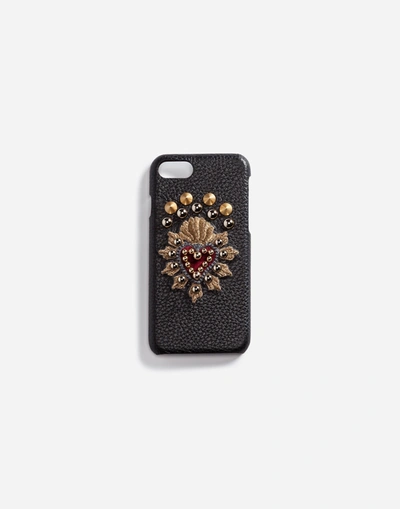 Dolce & Gabbana Calfskin Iphone 7 Cover With Sacred Heart Patch In Black