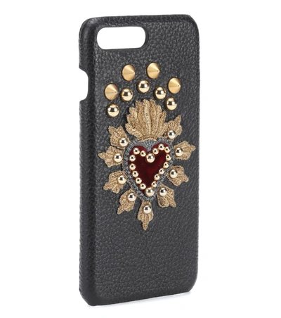Dolce & Gabbana Calfskin Iphone 7 Plus Cover With Sacred Heart Patch In Black