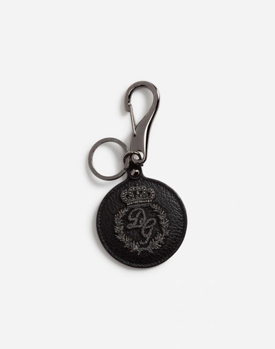 Dolce & Gabbana Metal And Calfskin Keychain With Logo Embroidery In Black