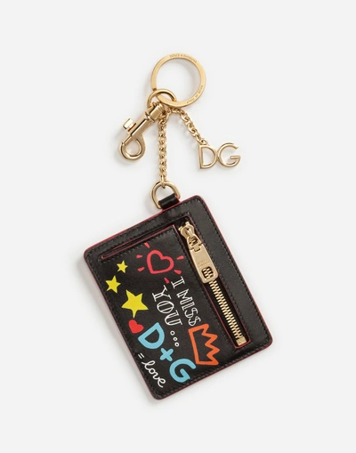 Dolce & Gabbana Keychain Wallet In Metal And Printed Calfskin In Multicolor