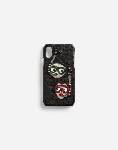 Dolce & Gabbana Iphone X Cover In Dauphine Calfskin With Diver-style Patches Of The Designers In Black