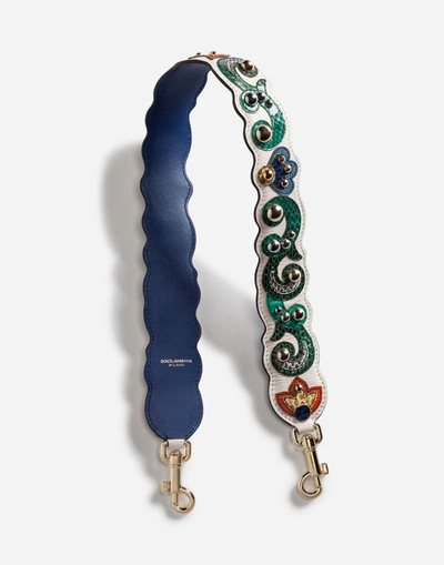 Dolce & Gabbana Leather Strap With Embroidered Appliqués In Multicolor