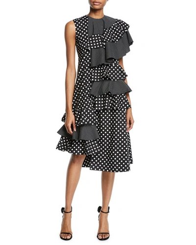 Paskal One-sleeve Polka-dot Asymmetric Ruffle Midi Dress In Multi Pattern