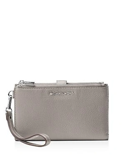 Michael Michael Kors Adele Double Zip Leather Iphone 7 Plus Wristlet In Pearl Gray/silver