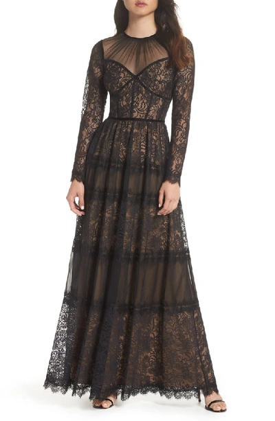 Tadashi Shoji Long-sleeve Lace & Pleated Gown In Black/ Nude