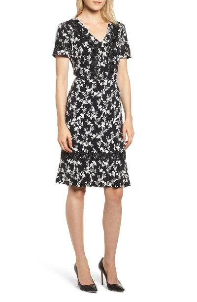 Karl Lagerfeld Lace-trimmed Floral Dress In Black/white
