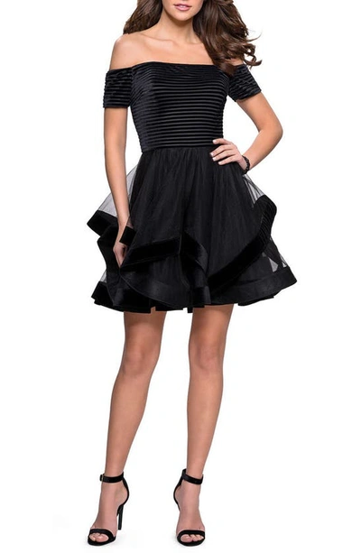 La Femme Off The Shoulder Velvet & Tulle Party Dress In Black