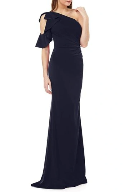 Carmen Marc Valvo Infusion Carmen Marc Valvo One-shoulder Ruffle Gown In Midnight
