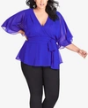 City Chic Trendy Plus Size Elegant Sheer-sleeve Wrap Top In Ultra Blue