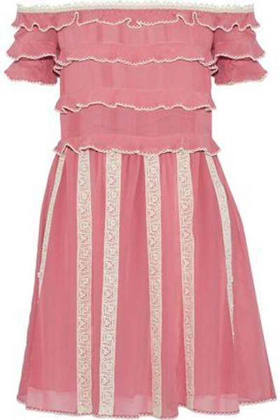 Red Valentino Woman Off-the-shoulder Ruffled Lace-trimmed Silk-chiffon Mini Dress Pink