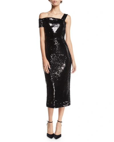 Milly Ella Double-sided Sequin One-shoulder Dress In Black