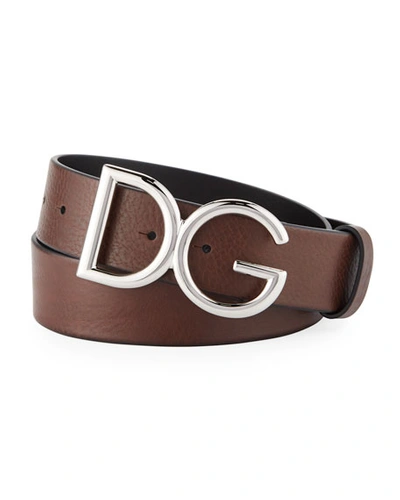 Dolce & Gabbana Men's Leather Belt With Logo-plate Buckle In Dark Brown