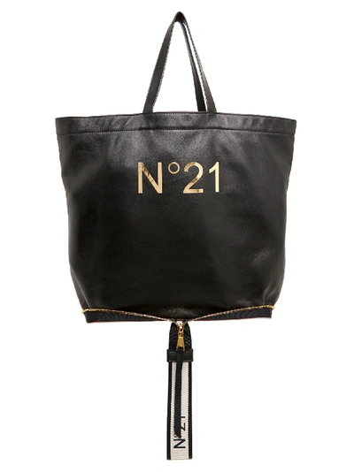 N°21 Leather Big Foldable Shopping Tote Bag In Black