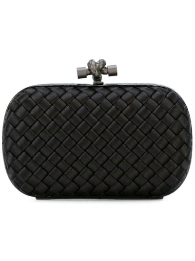 Bottega Veneta The Knot Watersnake-trimmed Intrecciato Satin Clutch In Black