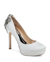 Badgley Mischka Women's Viola Almond Toe Embellished Satin Platform High-heel Pumps In Soft White Satin