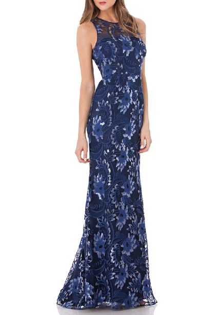 Carmen Marc Valvo Infusion Sequin Embroidered Trumpet Gown In Blue