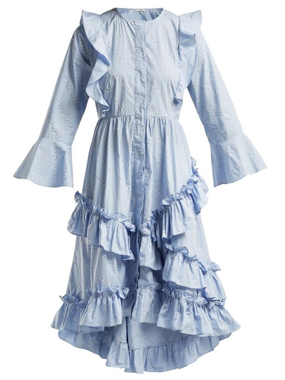 Ganni Faulkner Ruffle-trimmed Floral-print Cotton Dress In Light Blue |  ModeSens