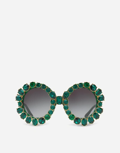 Dolce & Gabbana Round Sunglasses With Colorful Crystals In Green