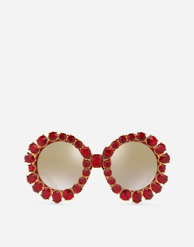 Dolce & Gabbana Round Sunglasses With Colorful Crystals In Red Transparent