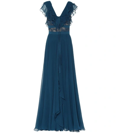 Elie Saab Silk-blend And Lace Gown In Blue