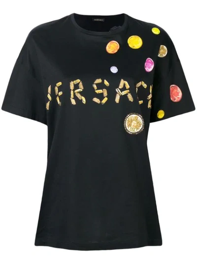 Versace Embellished Printed Cotton T-shirt In Black