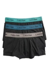 Calvin Klein 3-pack Stretch Cotton Low Rise Trunks In Black W/ Grey/ Blue/ Raliegh