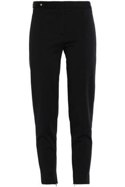 Versace Woman Leather-trimmed Stretch-crepe Skinny Pants Black
