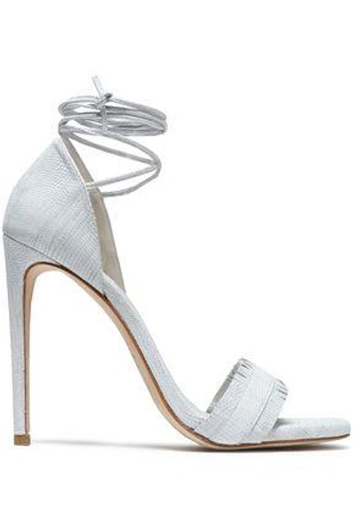 Stuart Weitzman Woman Lace-up Fringed Lizard-effect Leather Sandals Off-white