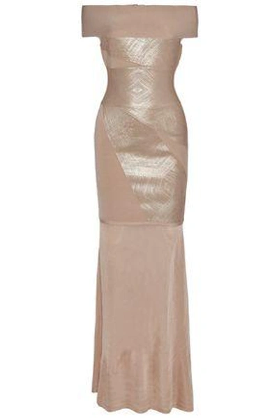 Herve Leger Off-the-shoulder Metallic Bandage And Stretch-knit Gown In Sand