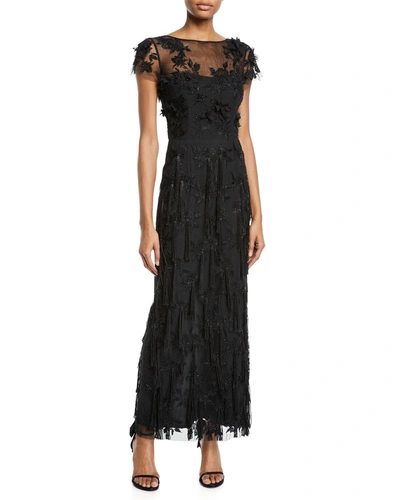 David Meister Cap-sleeve 3-d Floral & Tassels Embroidered Long Formal Dress In Black