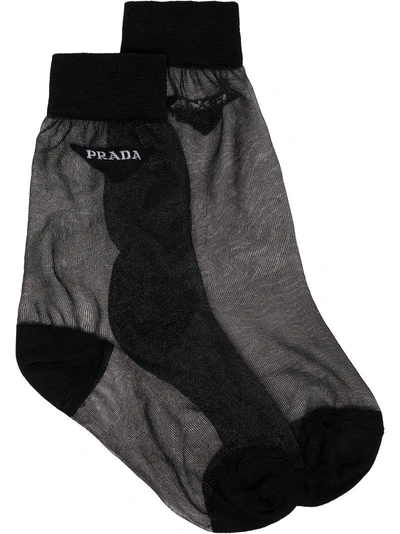 Prada Sheer Logo Socks - Black | ModeSens