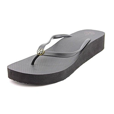 Tory Burch Thin Wedge Logo Flip Flops In Black