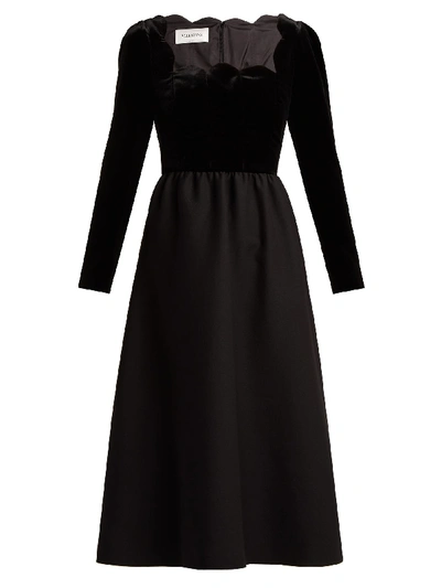 Valentino Scallop-neck Long-sleeve Velvet-top Crepe Couture Evening Gown In Black