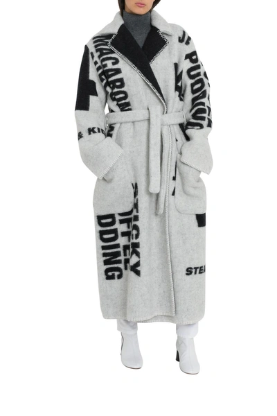 Celine Wool Blanket Belted Coat With All-over Lettering In Nero-bianco
