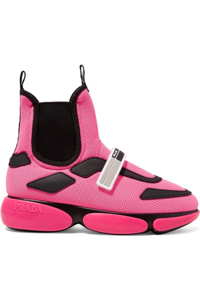 Prada Cloudbust Logo-embossed Rubber-trimmed Mesh High-top Sneakers In Pink Fluo