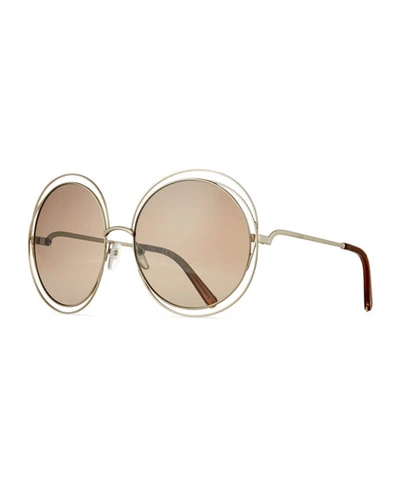Chloé Carlina Trimmed Round Sunglasses, Gold/dark Brown