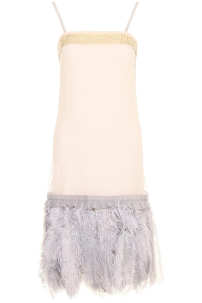 Prada Short Sleeveless Dress With Feathers In Pink